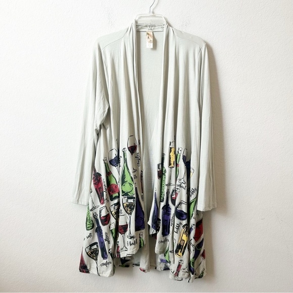 A Walk in The Park Wineology Wine Glasses Print Long Sleeve Kimono Cardigan 2X - Picture 3 of 12